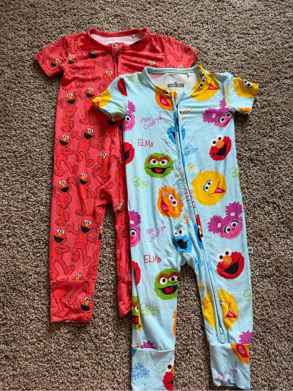 BUMS & ROSES Bamboo Short Sleeve Rompers in E is for Elmo & Elmo and Friends